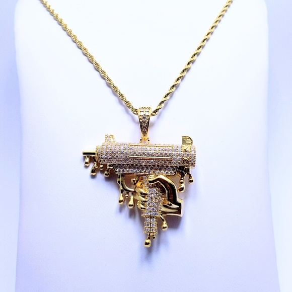 Icy Gold Uzi Pendant + 20" Rope Chain - Picture 5 of 8